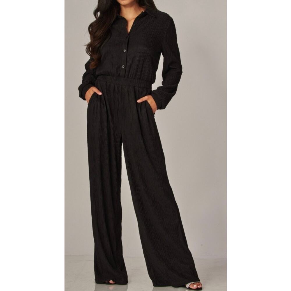 Crinkled Plisse Button Up Casual Jumpsuit